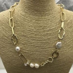 17''+ 2'' Gold REAL Cultured Pearl Chain Choker Necklace